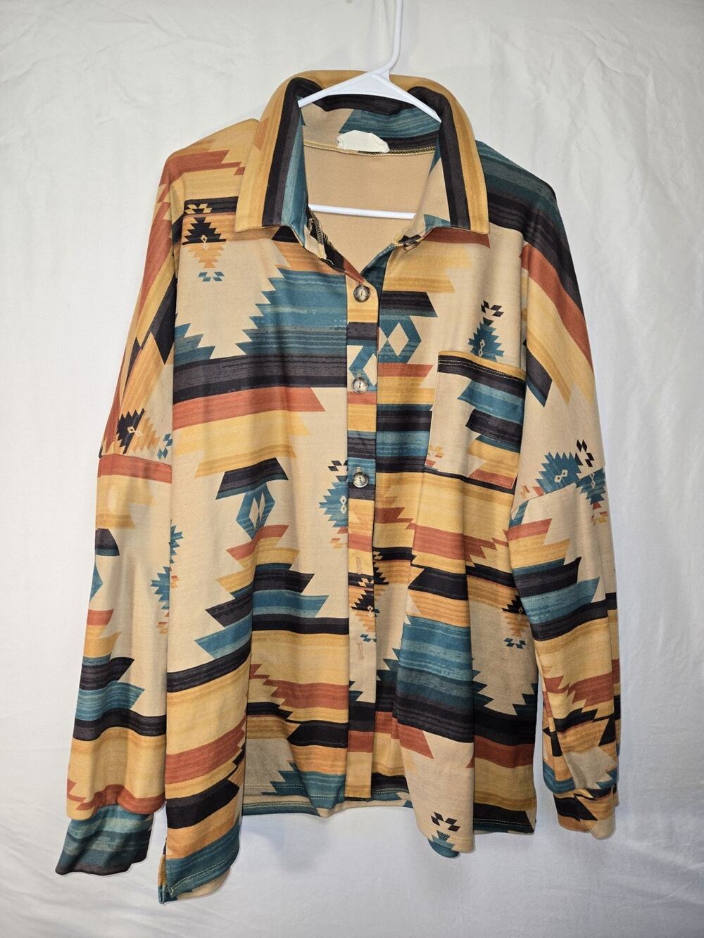 Avery Aztec Shirt Jacket US Womens Size XL Southwestern Design Orange Tan Green